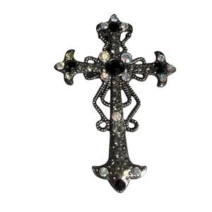 Vintage 90s Gothic Cross Pendant Dark Metal Rhinestone Religious Charm